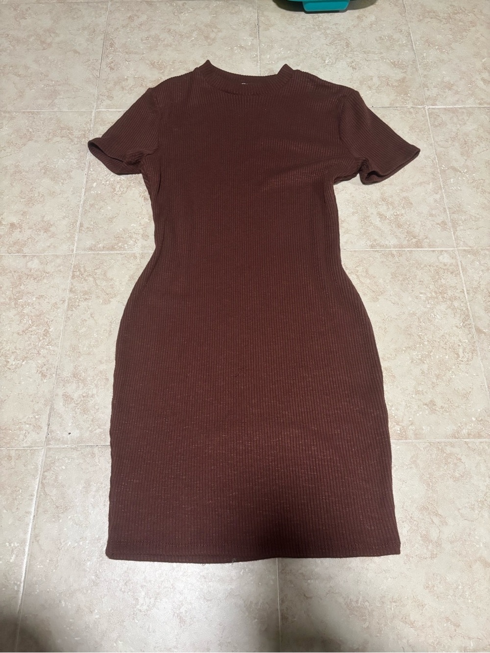 Ribbed Short Sleeve Bodycon Dress - Brown